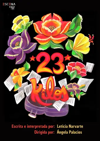 Cartel ilustrado sobre fondo negro con flores de colores, hojas de papel volando y un par de botas.