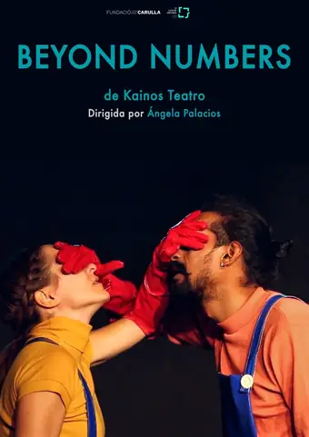 Cartel negro con dos intérpretes que se tapan los ojos con guantes rojos, vestidos con jerséis de color y petos azules.