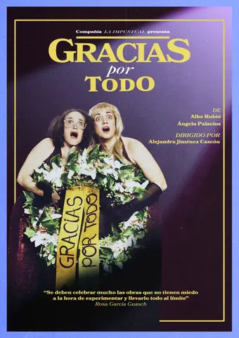 Cartel con dos actrices de gesto exagerado tras una corona de flores con una banda amarilla.