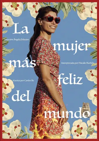 Cartel con una mujer sonriente de perfil, con gafas de sol rojas y vestido de flores, sobre un cielo azul orlado de flores y llamas.