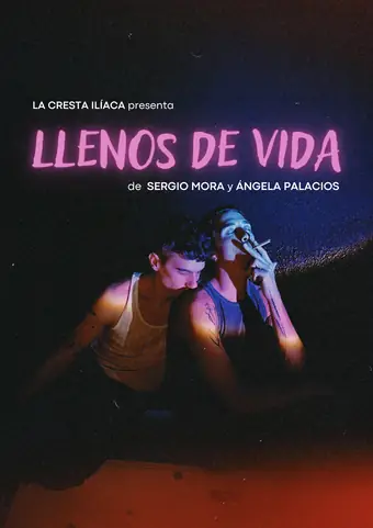 Cartel con dos intérpretes sentados en penumbra bajo una luz azul y rosa, uno de ellos fumando.