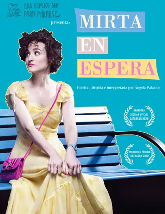 Cartel con una mujer de vestido amarillo sentada en un banco azul, mirando de reojo, sobre fondo turquesa.