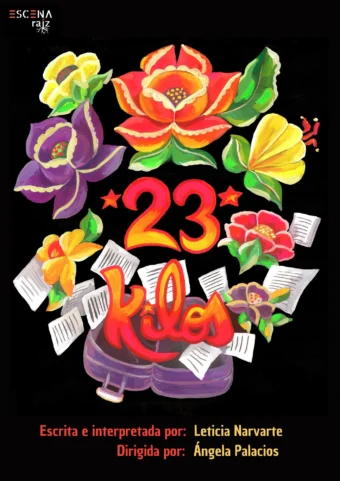 Cartel ilustrado sobre fondo negro con flores de colores, hojas de papel volando y un par de botas.