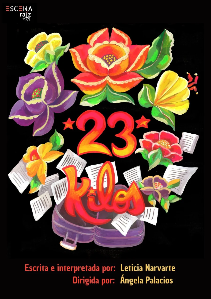 Cartel ilustrado sobre fondo negro con flores de colores, hojas de papel volando y un par de botas.