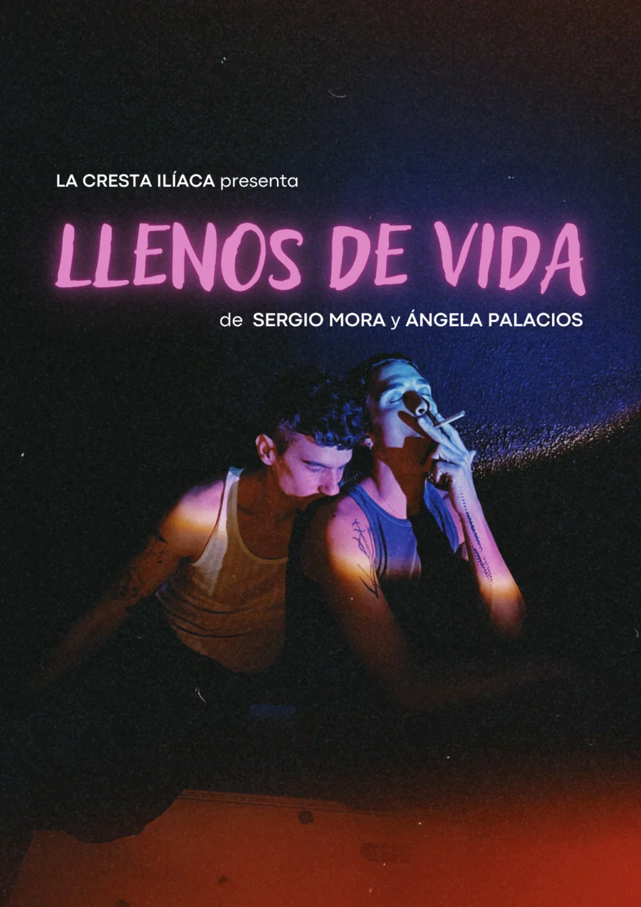 Cartel con dos intérpretes sentados en penumbra bajo una luz azul y rosa, uno de ellos fumando.