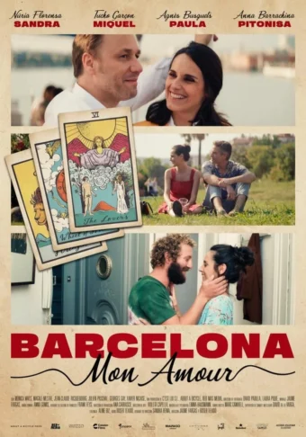 Cartel de Barcelona, Mon Amour: collage de escenas de pareja en Barcelona con cartas de tarot sobre fondo crema.