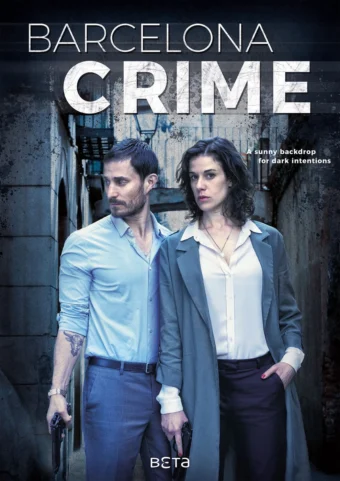 Cartel de Der Barcelona Krimi: una pareja de investigadores en un callejón del barrio gótico, bajo el título Barcelona Crime.